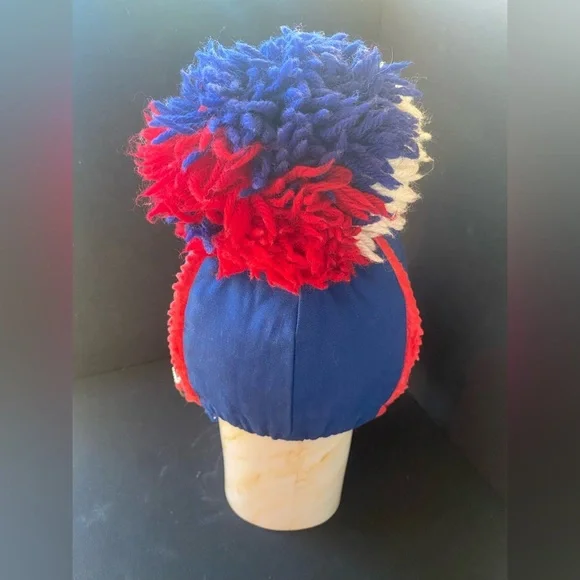 Vintage Skandia Norwegian Style Blue Red White Pom Pom Kids Beanie 70s 80s - Picture 3 of 9